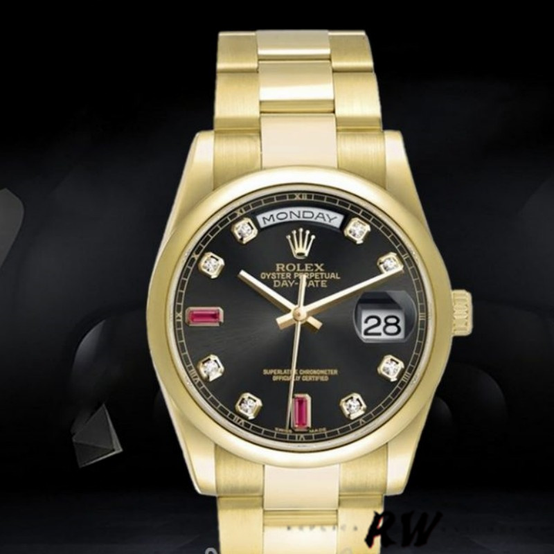 Rolex Day-Date 118208 Black Diamond Dial Yellow Gold case 36mm Unisex Replica Watch - QualitySwissReplica