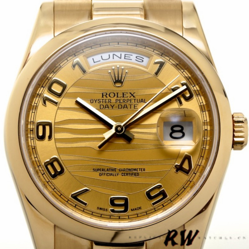 Rolex Day-Date 118208 Yellow Gold Arabic Numeral Wave Champagne Dial 36mm Unisex Replica Watch - QualitySwissReplica