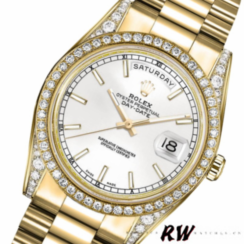Rolex Day-Date 118388 Diamond Bezel White Dial 36MM Unisex Replica Watch - QualitySwissReplica