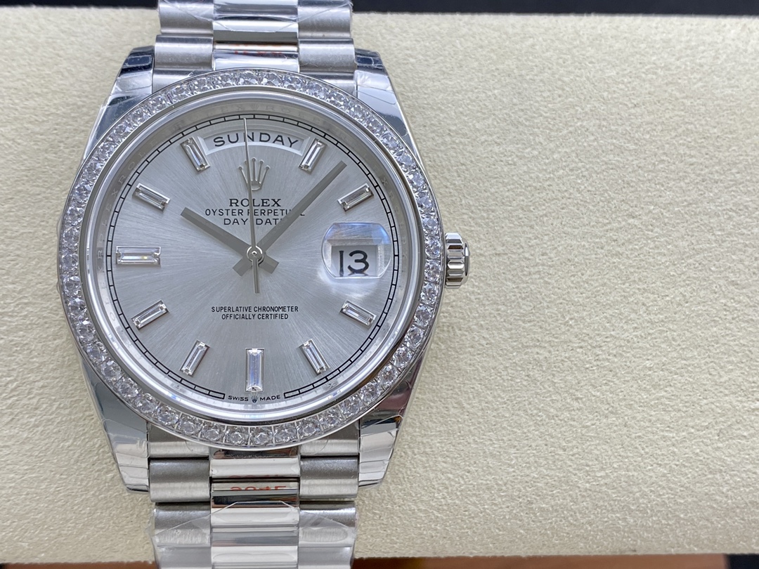 Rolex Day-Date 228349RBR Silver Dial Diamond Bezel 40mm Mens Replica Watch - QualitySwissReplica