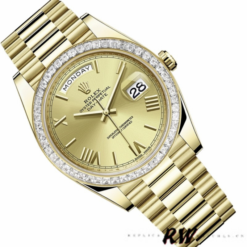 Rolex Day-Date 228398TBR Champagne Roman Numeral Dial Diamond Bezel 40mm Mens Replica Watch - QualitySwissReplica