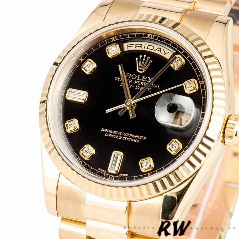 Rolex Day Date 118238 Yellow Gold Black Diamond Dial 36mm Mens Replica Watch - QualitySwissReplica