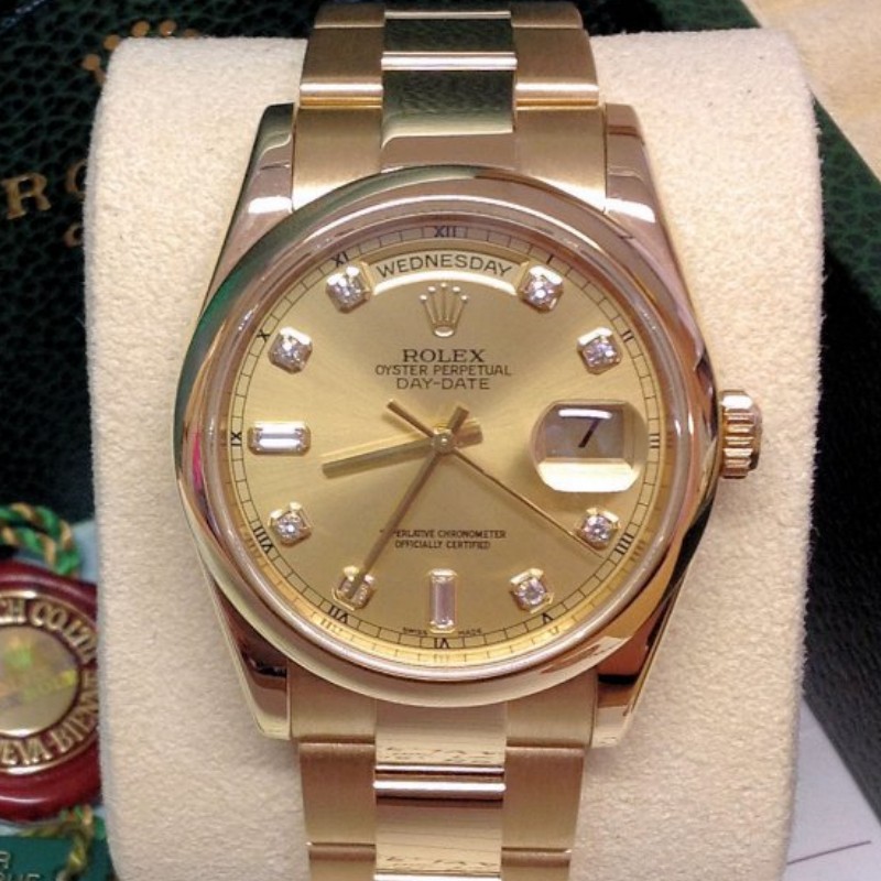 Rolex Day-Date 118208 Champagne Diamond Dial 36mm Unisex Replica Watch - QualitySwissReplica