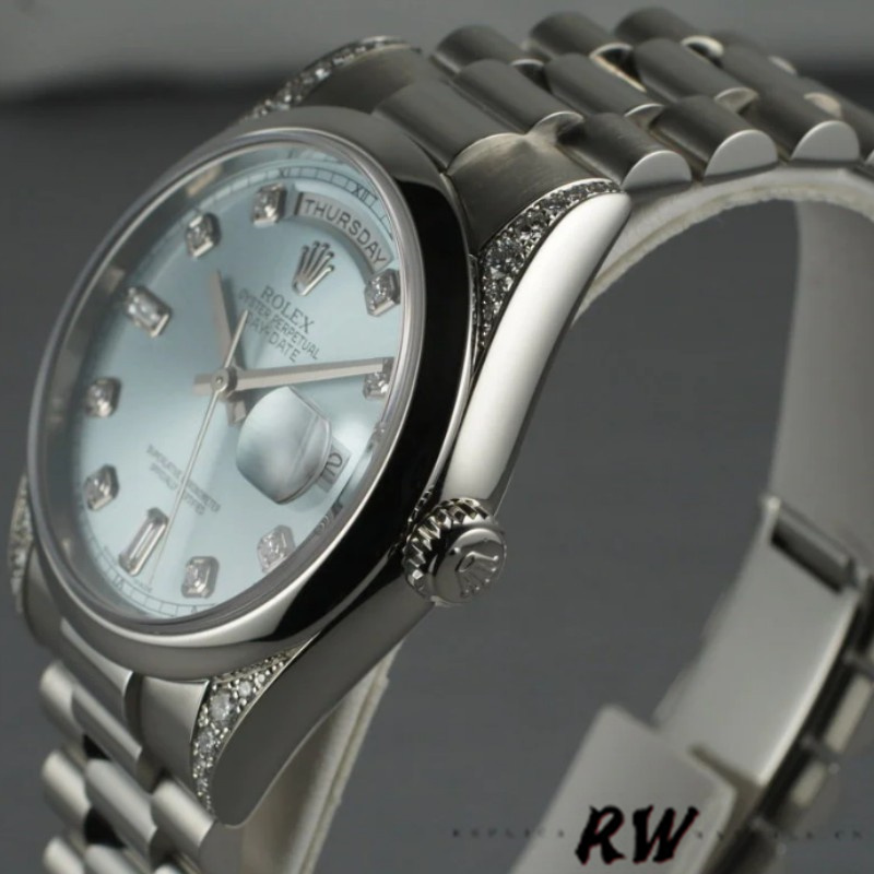 Rolex Day-Date 118296 Platinum Ice Blue Dial Diamond 36mm Unisex Replica Watch - QualitySwissReplica