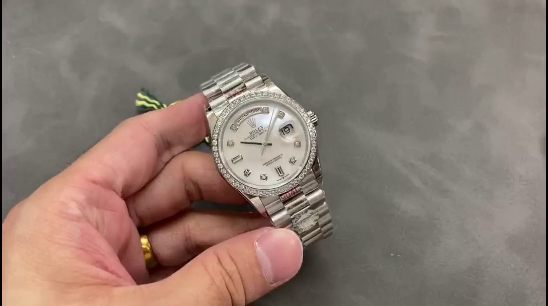 Rolex Day-Date 128349RBR White Mother of Pearl Dial Diamond Bezel 36MM Lady Replica Watch - QualitySwissReplica