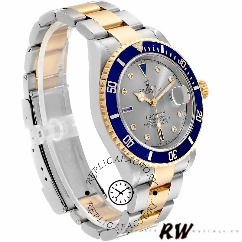 Rolex Submariner 16613 Steel Gold Diamond Sapphire Serti Dial 40mm Mens Replica Watch - QualitySwissReplica