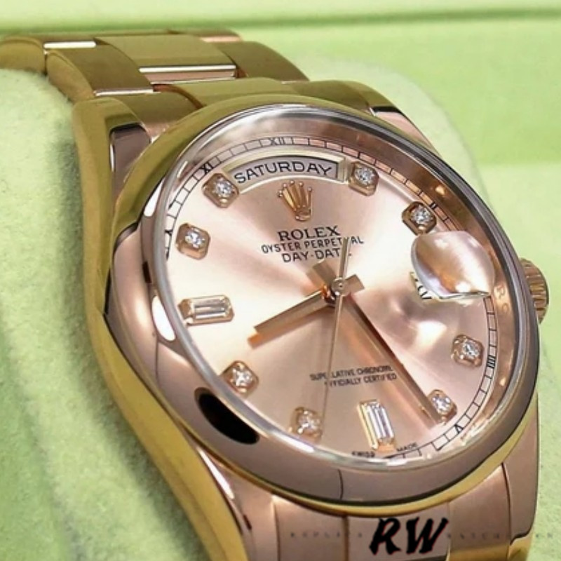 Rolex Day-Date 118205 Rose Gold Pink Diamond Dial 36mm Unisex Replica Watch - QualitySwissReplica