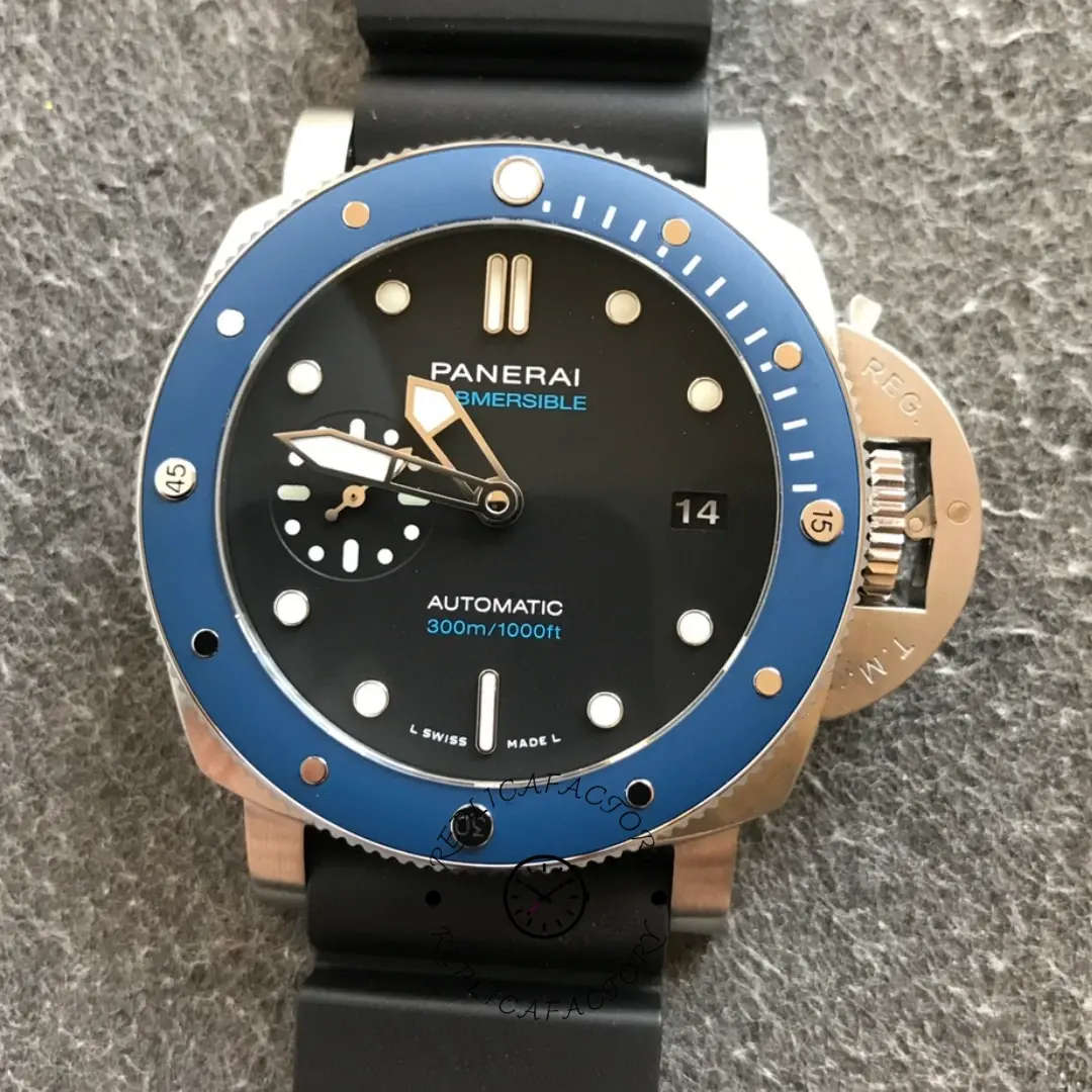 Panerai Submersible PAM01209 Replica 42 Watch Black Dial Blue Bezel - QualitySwissReplica