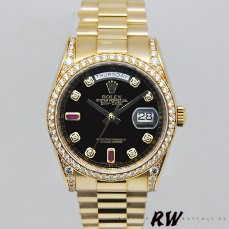 Rolex Day-Date 118388 Yellow Gold Black Diamond Rubies Dial 36mm Unisex Replica Watch - QualitySwissReplica