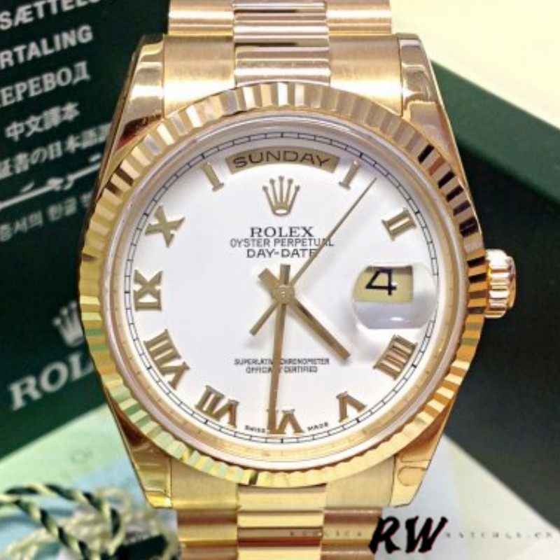 Rolex Day-Date 118238 Yellow Gold White dial Fluted Bezel 36mm Unisex Replica Watch - QualitySwissReplica