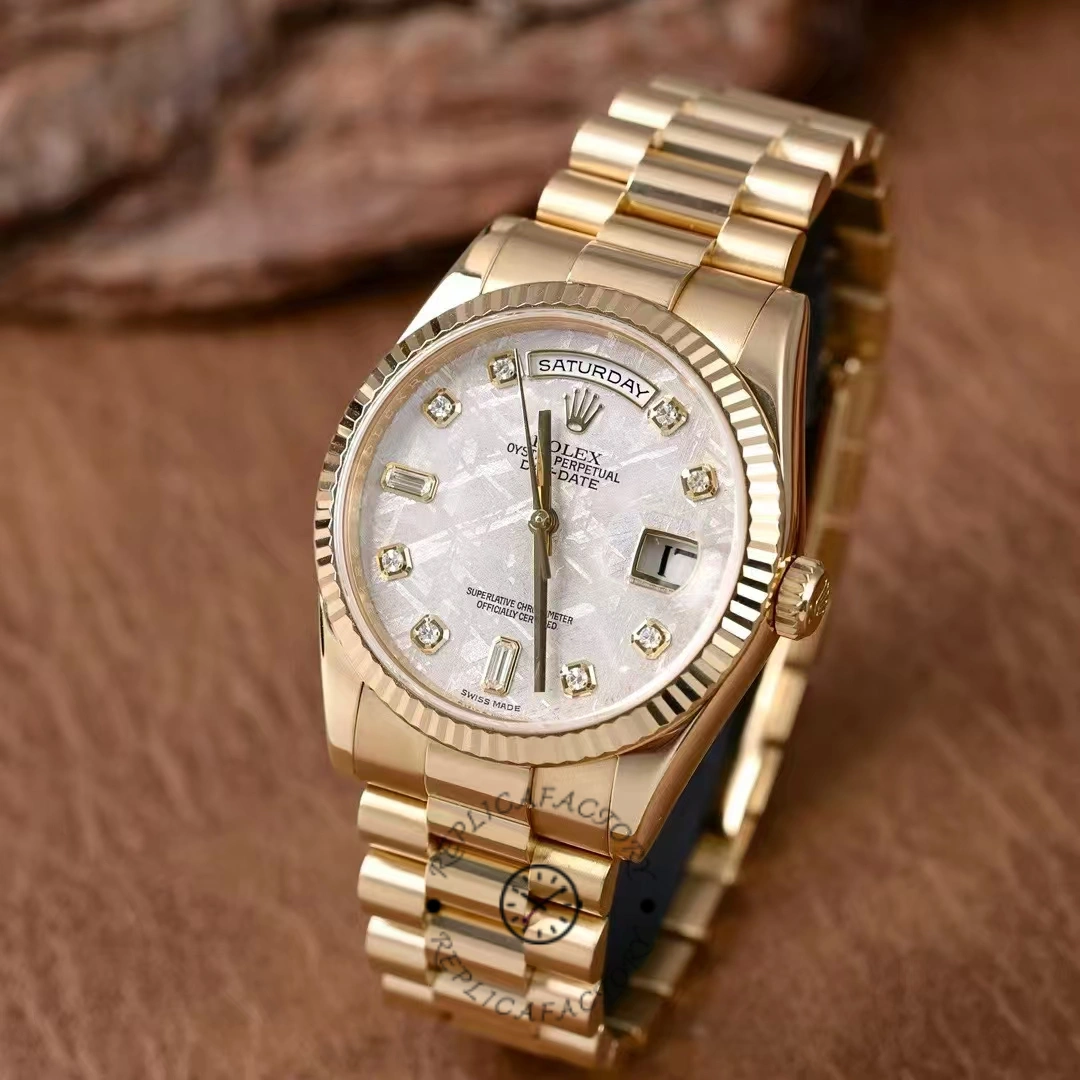 Rolex Day-Date 118238 Yellow Gold Diamond Meteorite Dial 36mm Unisex Replica Watch - QualitySwissReplica