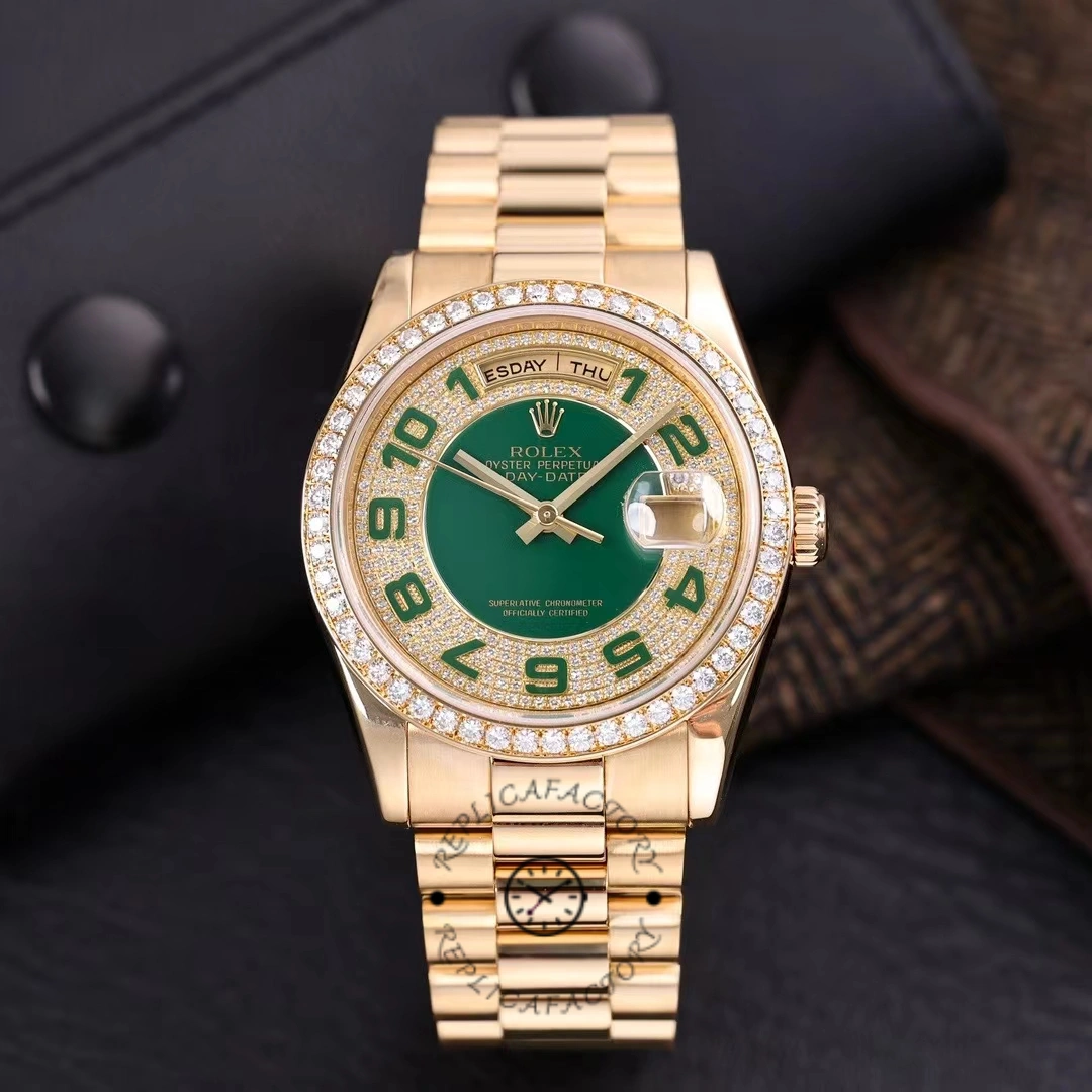 Rolex Day Date 118348 Green Diamond Dial Yellow Gold 36mm Unisex Replica Watch - QualitySwissReplica