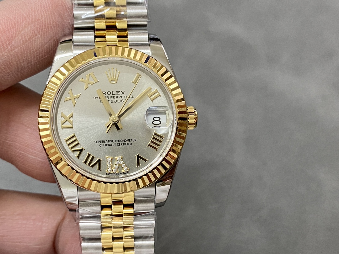 Rolex Datejust 31 Stainless Steel and Yellow Gold Silver Pave Roman Dial m278273 0004 Women's Watch - QualitySwissReplica