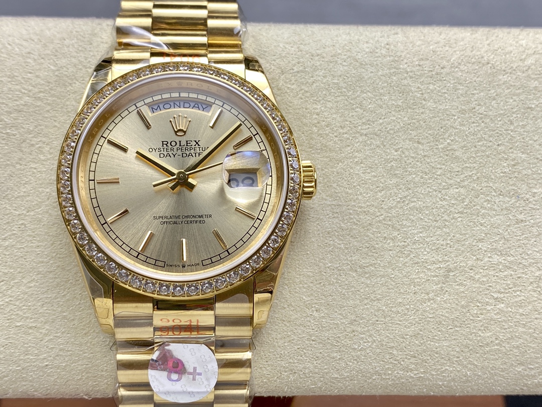Rolex Day-Date 128348RBR Champagne Index Dial Yellow Gold 36MM Unisex Replica Watch - QualitySwissReplica
