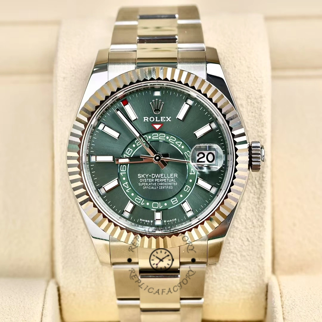 Rolex Sky-Dweller 336934 Fluted Bezel Green Dial 42MM Mens Replica Watch - QualitySwissReplica
