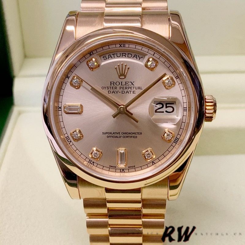 Rolex Day-Date 118205 Pink Diamond Dial 36mm Unisex Replica Watch - QualitySwissReplica