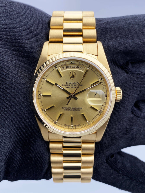 Rolex Day-Date 118208 champagne dial with gold indexes Yellow Gold 36mm Unisex Replica Watch - QualitySwissReplica