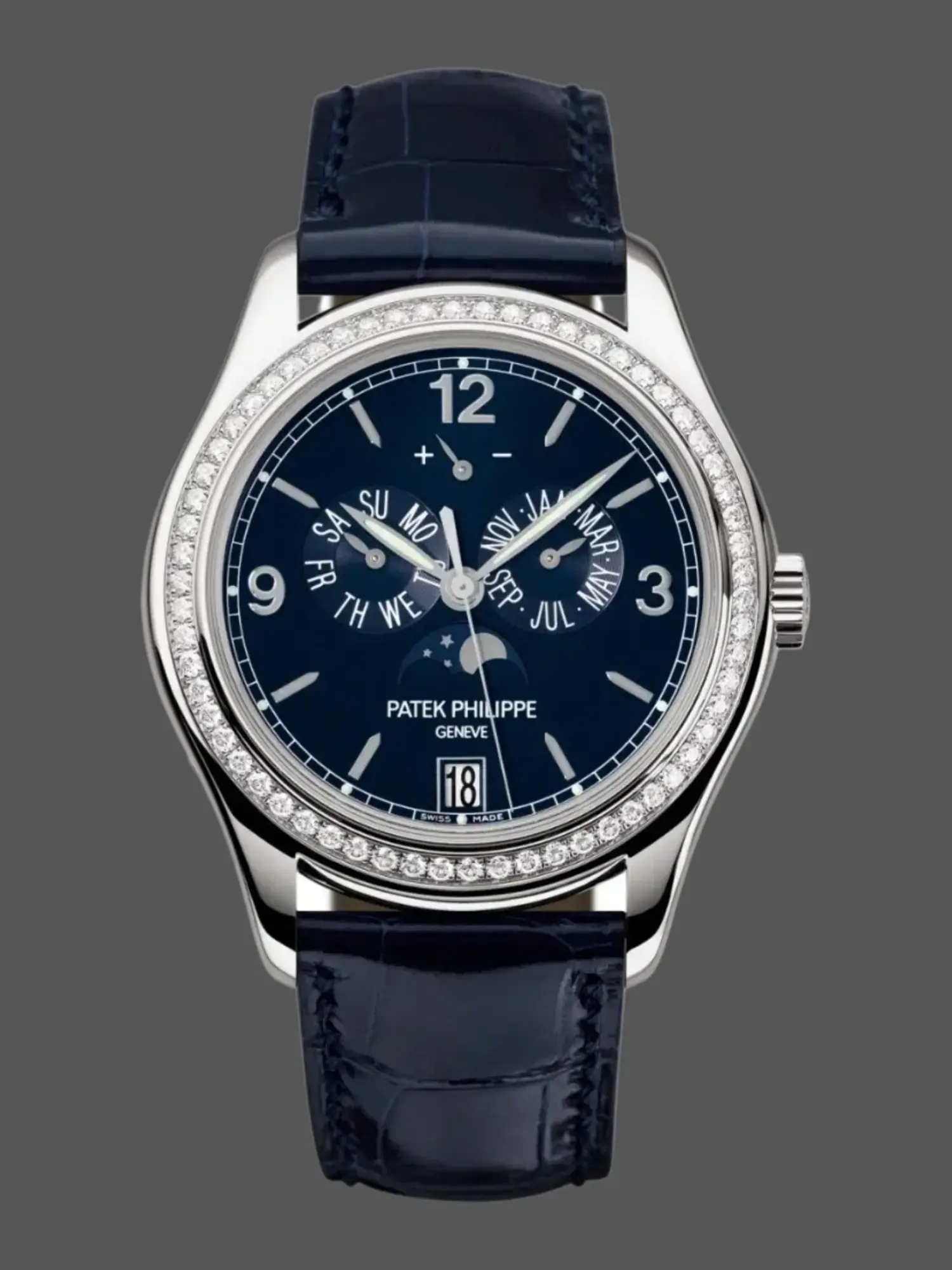 1:1 Clone Patek Philippe Complications Annual Calendar Diamond-Set Dark Blue Dial 5147G-001 - QualitySwissReplica