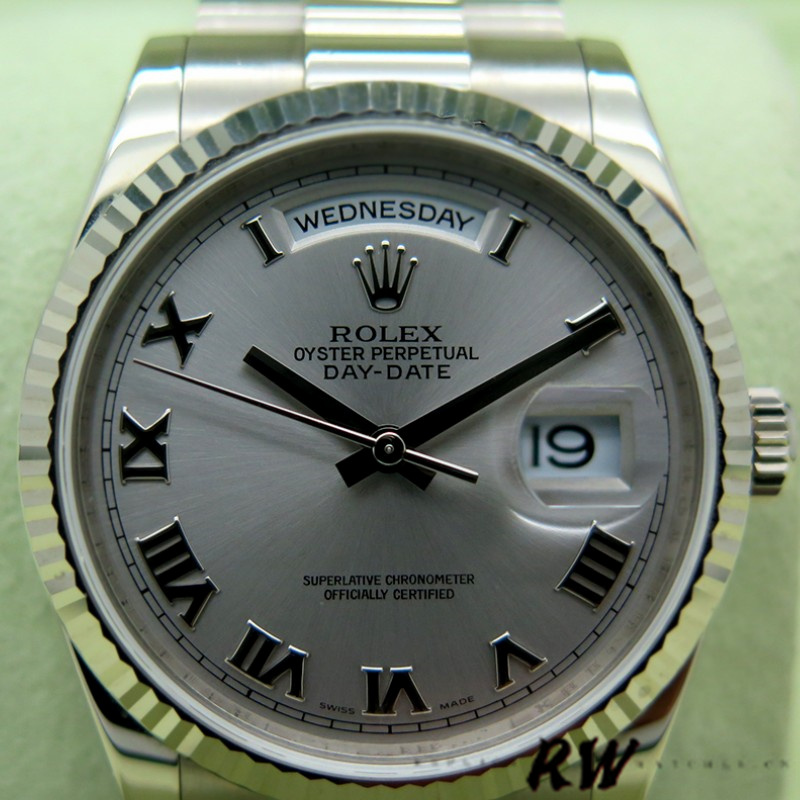 Rolex Day-Date 118239 Rhodium Roman Dial white gold 36mm Unisex Replica Watch - QualitySwissReplica