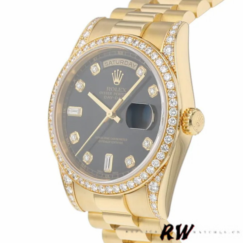 Rolex Day-Date 118388 Black Diamond Dial 36mm Unisex Replica Watch - QualitySwissReplica