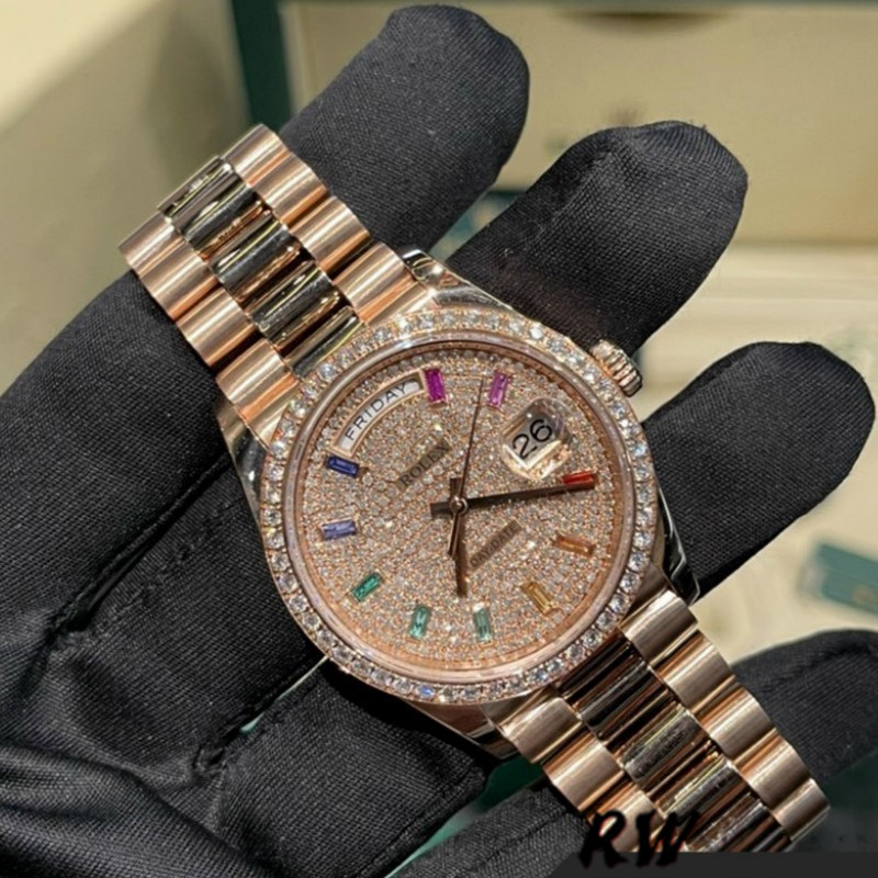 Rolex Day-Date 128345RBR Diamond Paved Dial Everose Gold 36MM Unisex Replica Watch - QualitySwissReplica
