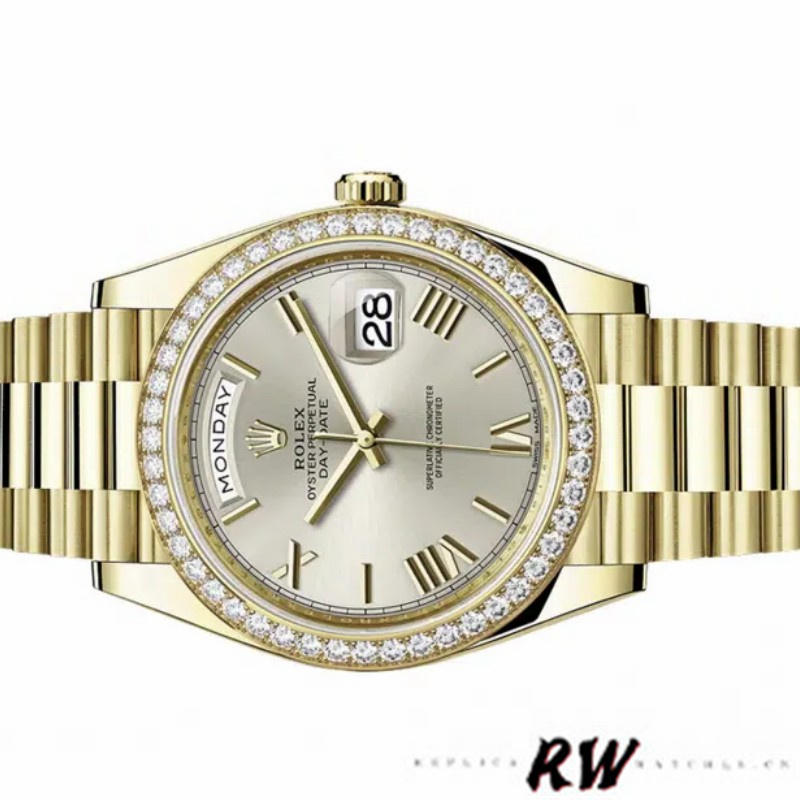 Rolex Day-Date 228348RBR Silver Roman Dial Diamond Bezel 40mm Mens Replica Watch - QualitySwissReplica