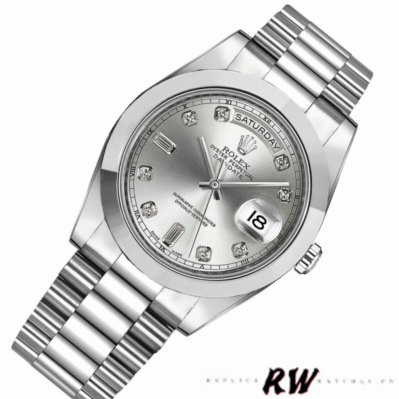 Rolex Day-Date 218206 Silver Diamond Dial Platinum 41MM Mens Replica Watch - QualitySwissReplica