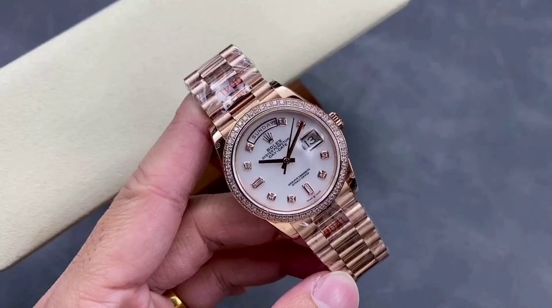 Rolex Day-Date 36MM 128345RBR 0028 Mother of Pearl White Dial Everose Gold Unisex Replica Watch - QualitySwissReplica