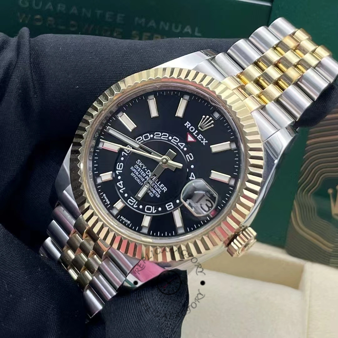 Rolex Sky-Dweller 326933 Stainless Steel Yellow Gold Black Dial 42MM Mens Replica Watch - QualitySwissReplica
