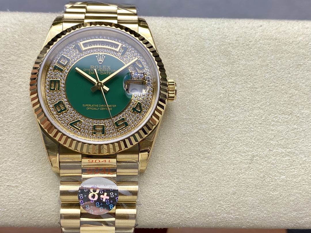 Rolex Day-Date 118238 Yellow Gold Green Diamond Pave Dial 36mm Unisex Replica Watch - QualitySwissReplica