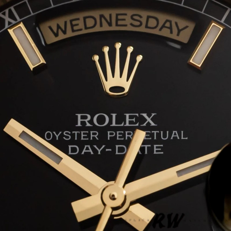 Rolex Day Date 118238 Yellow Gold Black Dial Stainless Steel 36mm Mens Replica Watch - QualitySwissReplica