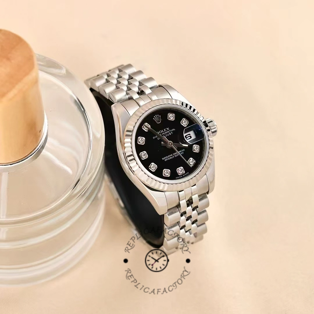 Rolex Datejust 179174 Black Diamond Dial Fluted Bezel 26MM Lady Replica Watch - QualitySwissReplica