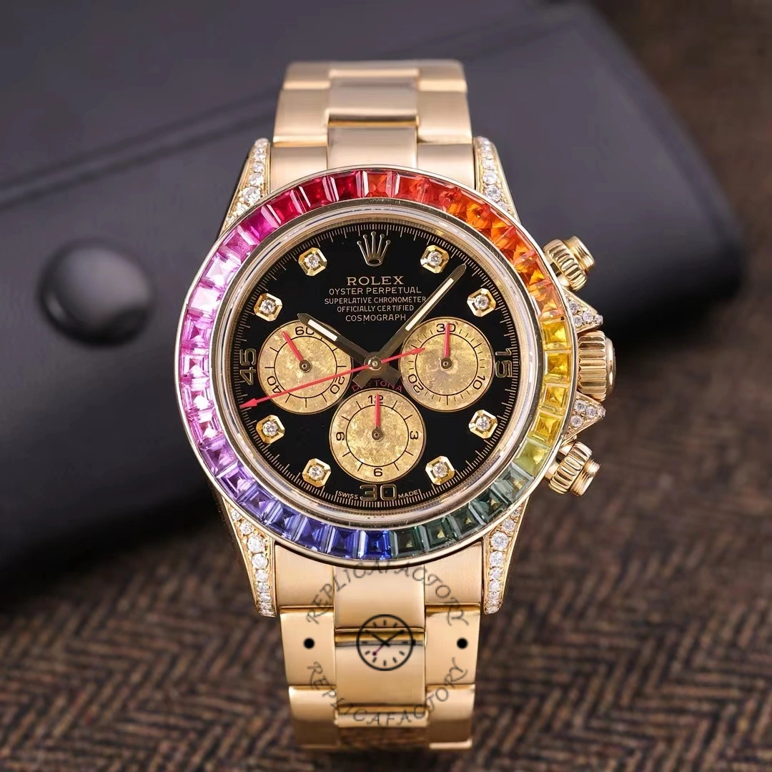 Rolex Daytona 116528 Rainbow Bezel Black Diamond Dial 40mm Mens Replica Watch - QualitySwissReplica