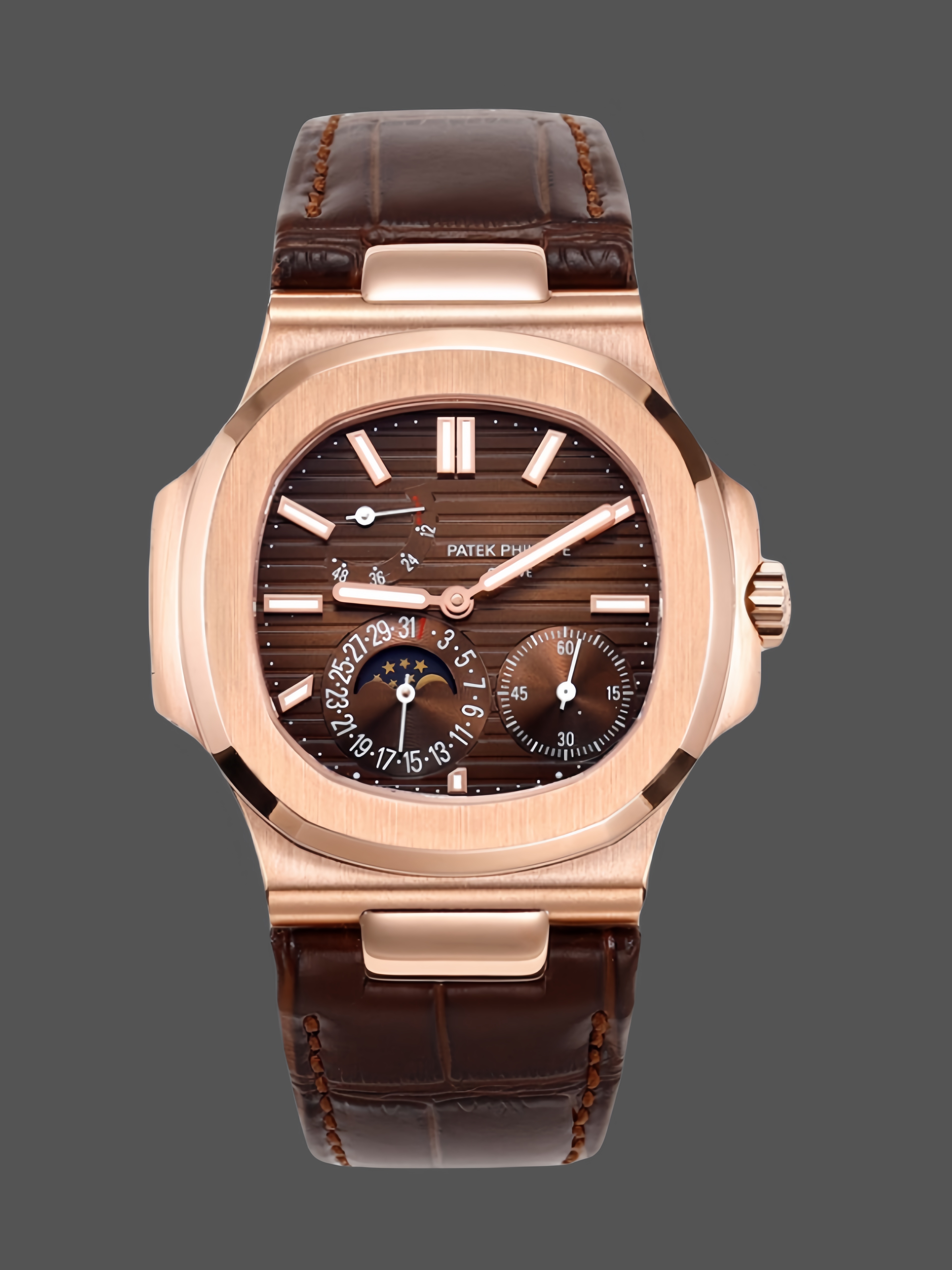 Patek Philippe Nautilus Moon Phases Rose & White Gold Slate Brown Dial 5712GR 001 - QualitySwissReplica