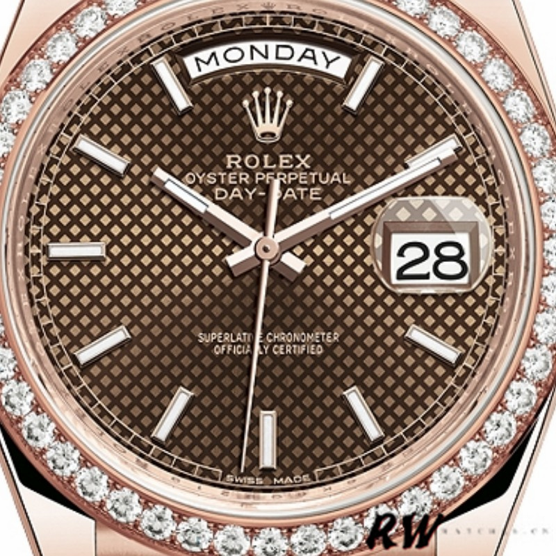 Rolex Day-Date 228345RBR Chocolate Brown Diagonal Motif Dial Diamond Bezel 40mm Mens Replica Watch - QualitySwissReplica