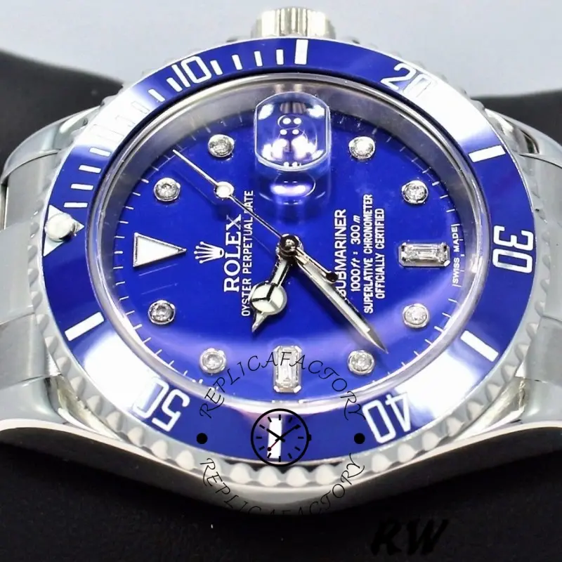 Rolex Submariner 16610 Stainless Steel Blue Bezel Diamond Dial 40mm Mens Replica Watch - QualitySwissReplica