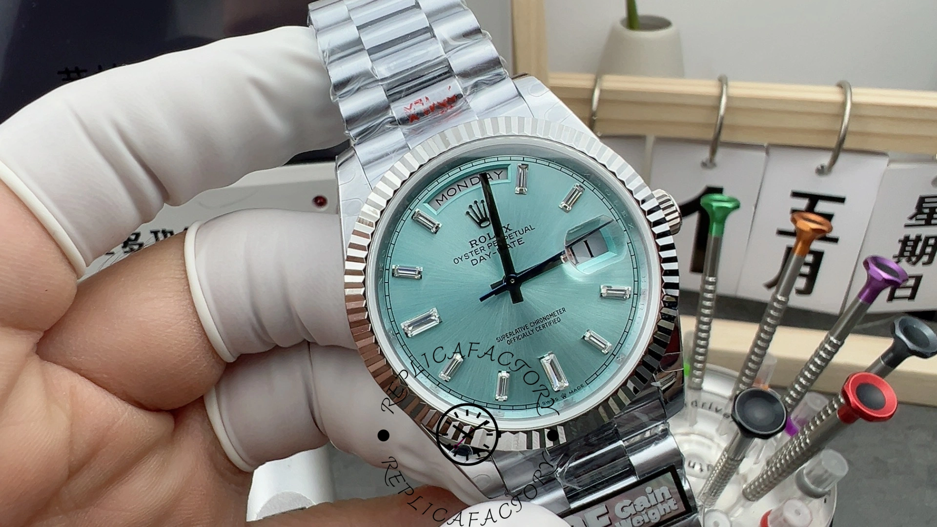 Rolex Day Date 40mm Platinum 228236 0006 Ice Blue Baguette - QualitySwissReplica