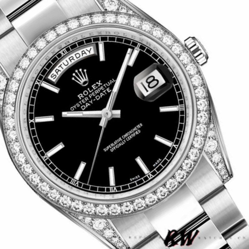 Rolex Day-Date 118389 Diamond Bezel Black Index Dial 36MM Unisex Replica Watch - QualitySwissReplica