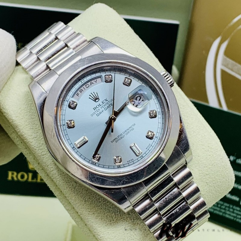 Rolex Day-Date 218206 Ice Blue Diamond Dial Platinum 41MM Mens Replica Watch - QualitySwissReplica