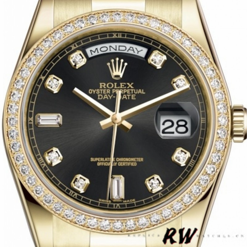 Rolex Day Date 118348 Yellow Gold Black Diamond Dial 36mm Unisex Replica Watch - QualitySwissReplica