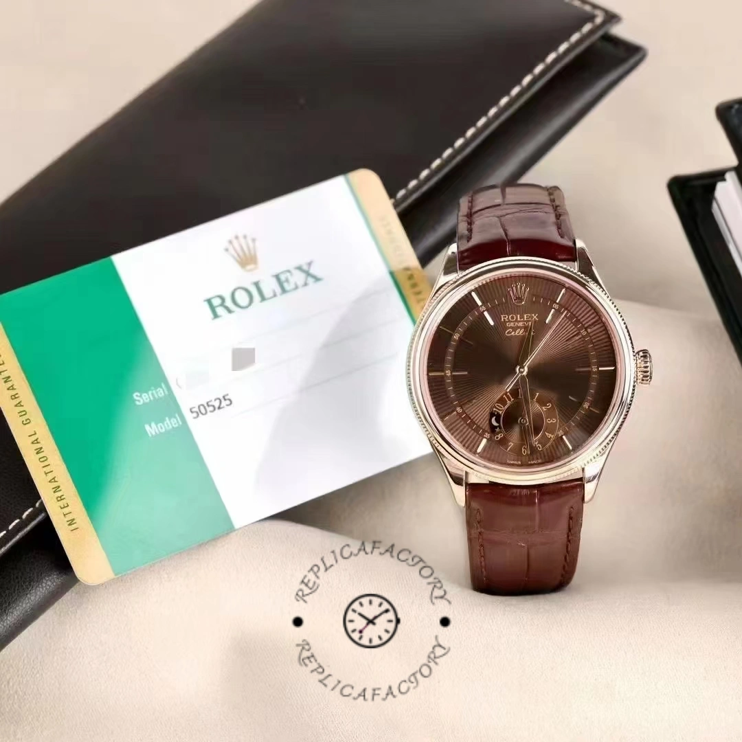 Rolex Cellini Dual Time 50525 Brown Guilloche Dial Brown Leather Strap 39mm Mens Replica Watch - QualitySwissReplica