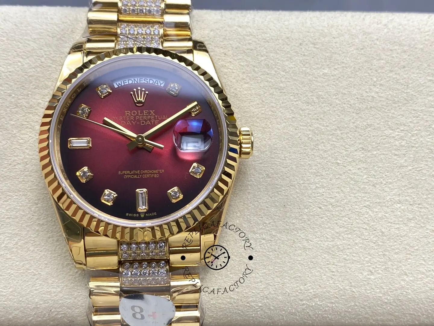 Rolex Day-Date Dark Red Dial Replica 128238 Women's Gold Watch - QualitySwissReplica