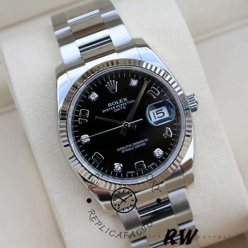 Rolex Oyster Perpetual Date 115234 Black Diamond Dial 34mm Unisex Replica Watch - QualitySwissReplica
