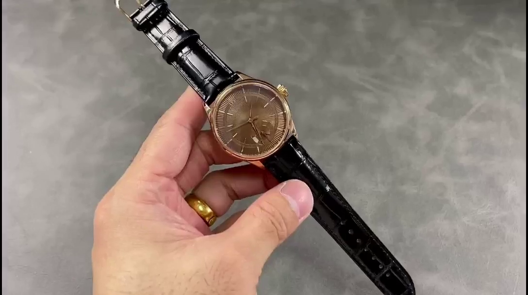 Rolex Cellini Dual Time 50525 Brown Guilloche Dial Black Leather Strap 39mm Mens Replica Watch - QualitySwissReplica