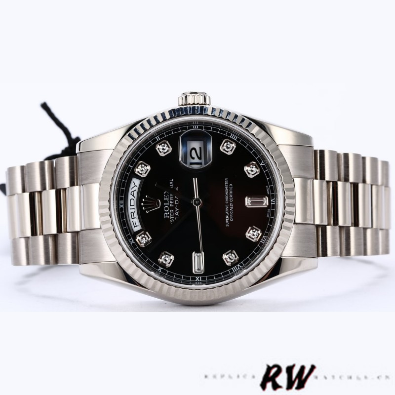 Rolex Day-Date 118239 Black Diamonds Dial Fluted Bezel 36mm Unisex Replica Watch - QualitySwissReplica