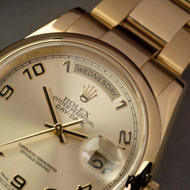 Rolex Day-Date 118208 champagne dial Arabic Numeral Hour Markers 36mm Unisex Replica Watch - QualitySwissReplica