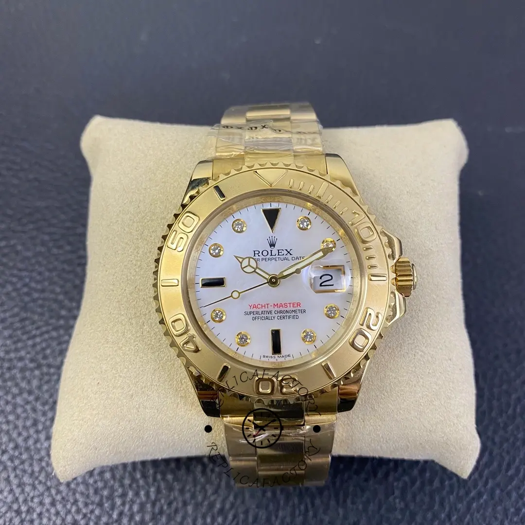 Rolex Yacht Master 168628 White Mother of Pearl Diamond Dial Yellow Gold Case 35mm Women's Watch - QualitySwissReplica