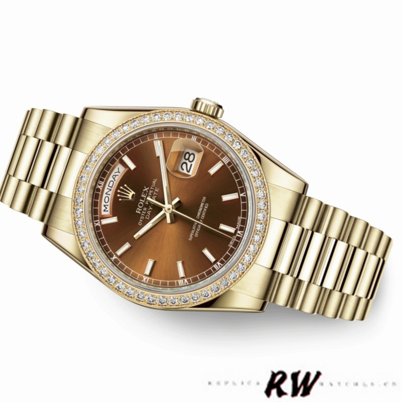 Rolex Day Date 118348 Chocolate Brown Dial Yellow Gold 36mm Unisex Replica Watch - QualitySwissReplica