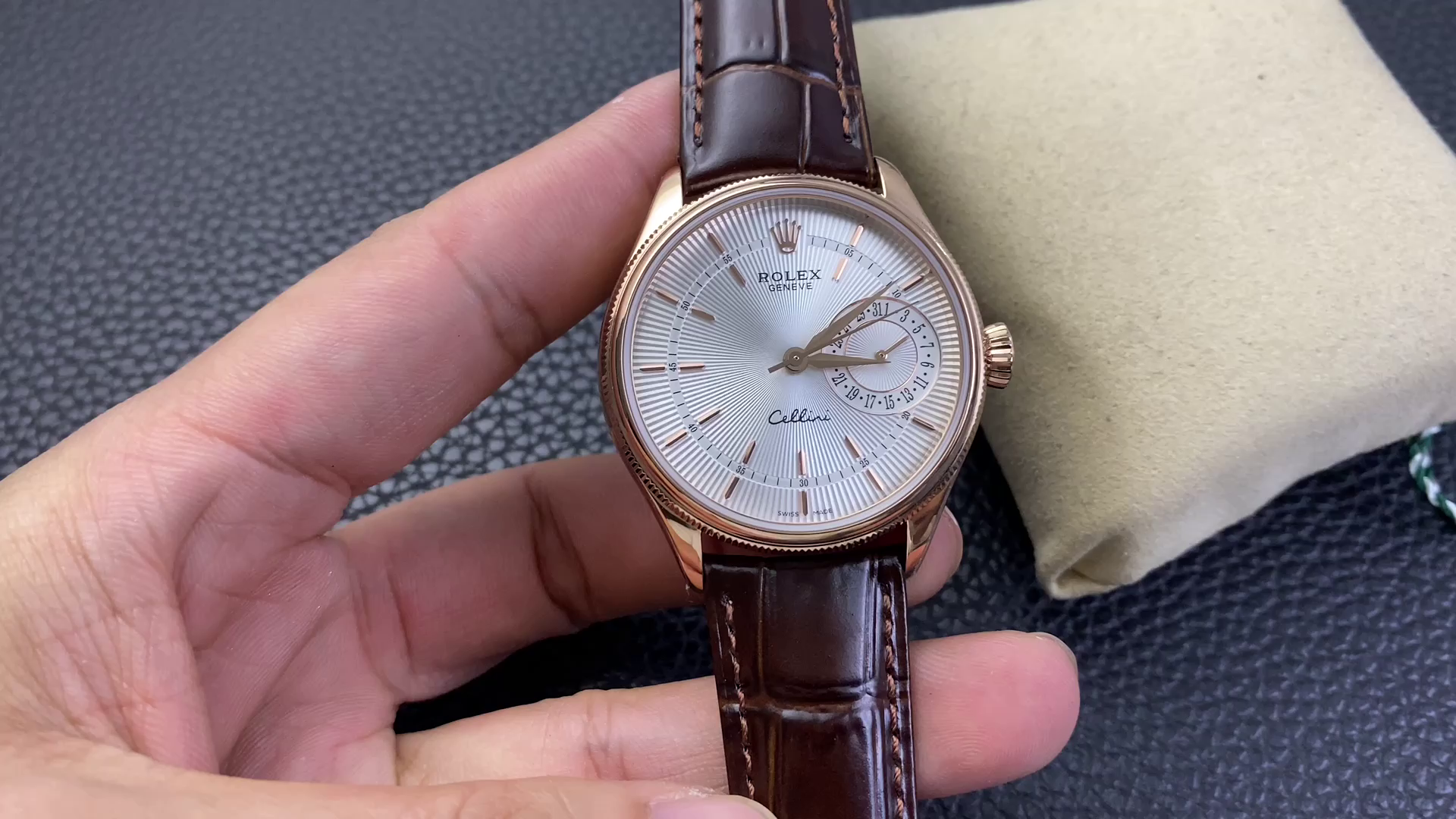 Rolex Cellini Date Rose Gold Silver Crocodile Leather Strap 50515 39mm Mens Replica Watch - QualitySwissReplica