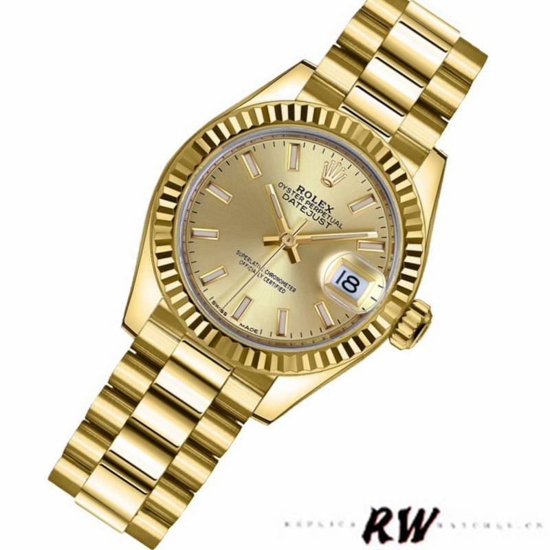 Rolex Datejust 279178 Champagne Index Dial Fluted Bezel 28mm Lady Replica Watch - QualitySwissReplica